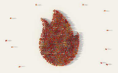 Poster - Large group of people forming fire symbol in social media and community concept on white background. 3d sign of crowd illustration from above gathered together