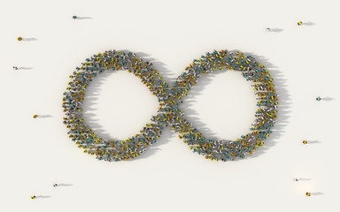 Wall Mural - Large group of people forming infinity symbol in social media and community concept on white background. 3d sign of crowd illustration from above gathered together