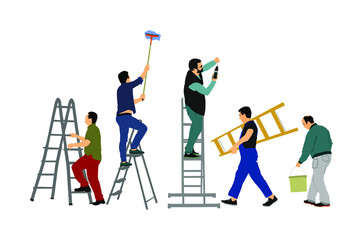 Painter workers on ladder vector illustration isolated on white. Man decorator painting wall with paint brush roller. Crew renovation home. Handyman move in job. Washing window cleaning service action