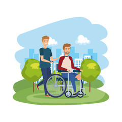 Sticker - young man in wheelchair with male helper