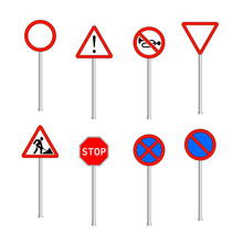 Road Prohibiting And Warning Signs. Group Of Isolated Prohibiting And Warning Road Signs. Signs On Steel Holders. Colorful Vector Illustration In Flat Style.