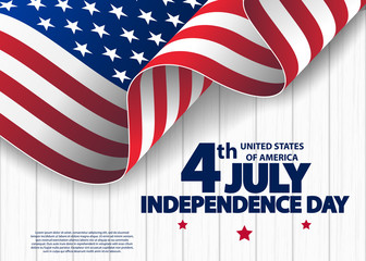 Happy 4th of July USA Independence Day greeting card with waving american national flag. Fourth of July. 4th of July holiday banner.