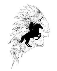 Wall Mural - native american indian chief riding a horse and profile head wearing feathered headdress black and white vector outline