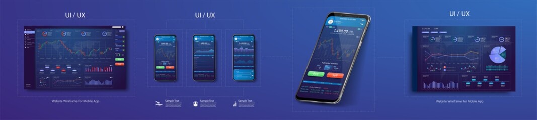 Fototapete - Trade exchange app on phone screen. Mobile banking cryptocurrency ui. Online stock trading interface vector eps 10. Illustration of mobile banking crypto currency, bitcoin