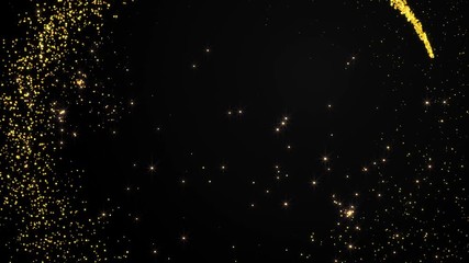 Wall Mural - Abstract holiday elements with shining gold sparkling particles and firework on black background. 4K motion graphic.