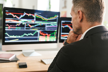 Wall Mural - image of confident businessman working in office and looking on computer with graphics and charts