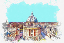 Watercolor Sketch Or Illustration Of A View Of Radcliffe Camera At Oxford University In England