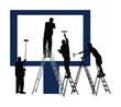 © dovla982 - Blank billboard ready to use for advertisement. Marketing street media. Billboard workers painter with paint brush roller climbed on ladders vector silhouette. Commercial sign prepares to installing