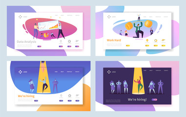 Wall Mural - Business Job Recruitment Hard Work Landing Page Set. Recruitment Choice Interview. Hard Investment Progress Character with Barbell Website or Web Page. Flat Cartoon Vector Illustration