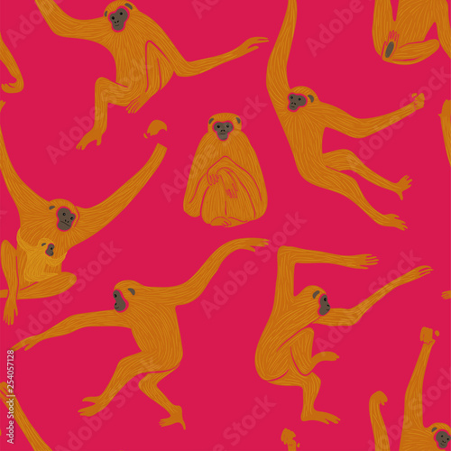 Fotomural Seamless Pattern With Gibbon Monkey In Action.