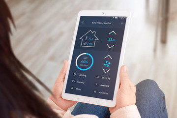Poster - Smart home control app on tablet display. Close-up.
