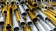 Close-up set of different diameters copper and steel round pipes and kernels. Industrial 3d illustration