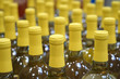   close up on yellow wine bottles in rows