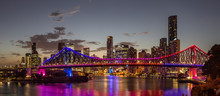 Brisbane Australia February 2nd 2019 : Beautiful Story Bridge Illuminated In Front Of The CBD At Dusk