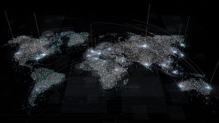 Fototapete - Futuristic global broadband internet communication between cities around the world with matrix particles continent map for head up display background