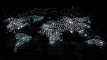 Fototapete - Futuristic global broadband internet communication between cities around the world with matrix particles continent map for head up display background