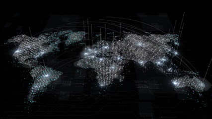 Fototapete - Futuristic global broadband internet communication between cities around the world with matrix particles continent map for head up display background