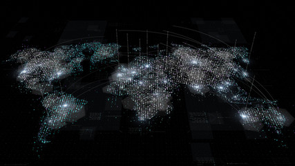 Fototapete - Futuristic global broadband internet communication between cities around the world with matrix particles continent map for head up display background