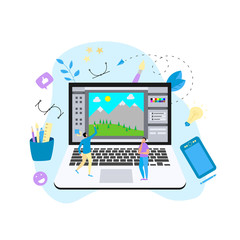 Aufkleber - flat vector graphic drawing concept with open illustration application with a creative project