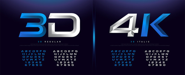 elegant silver and blue 3d metal chrome alphabet and number font. typography technology, digital, mo