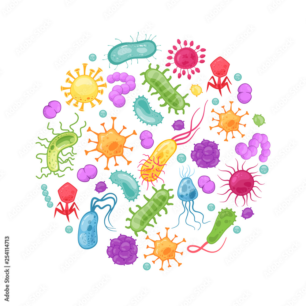 Bacteria germ. Vector stomach viruses biological allergy microbes bacterium epidemiology bacterial infection germs flu diseases vector cells - obrazy, fototapety, plakaty 