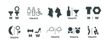 Toilet Signs. He She WC Door Symbols, Man And Woman Bathroom Direction Signs. Vector Funny Icons Of Restroom Pictogram Set
