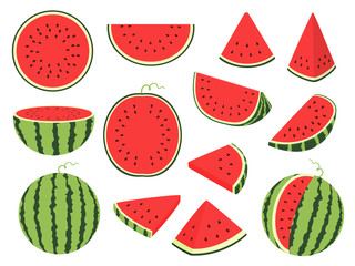 Cartoon slice watermelon. Green striped berry with red pulp and brown bones, cut and chopped fruit, half and sliced on white background