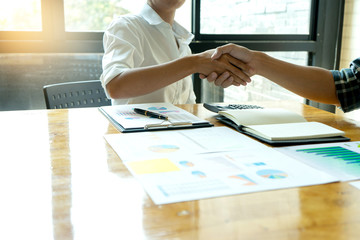 Sticker - businessman hand shake with another business man woman