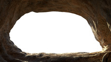 Cave Entrance, Mysterious Den Opening In Bright Light, Isolated On White Background