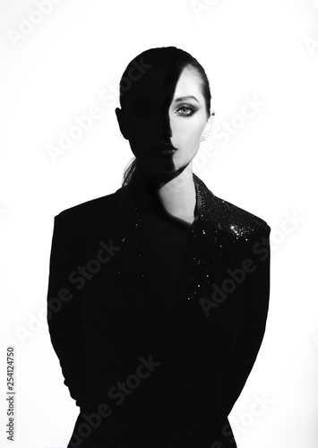 Black And White Portrait Of Trendy Girl With Hair Pulled Back And
