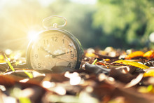 Selective Focus Of Alarm Clock With Nature Background.