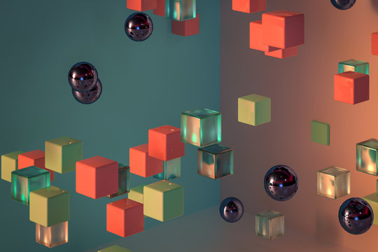 retro style balls and cubes, 3d rendering