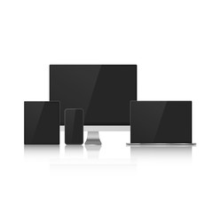 Poster - Set of Device Mock Up with Black Screens for your Design. Realistic Computer, Laptop, Tablet and Smartphone. Vector Illustration Isolated on White Background