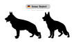 Dog breed German Shepherd. Side and front view silhouettes isolated on white background.