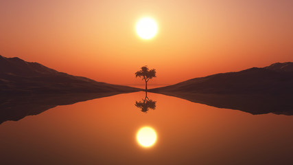 Wall Mural - 3d tree in sunset landscape