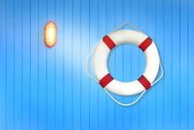 White Lifebuoy On The Blue Wall And Yellow Lamp On Ferry To Island