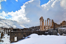 Faqra Roman Ruins In The Snow, Lebanon
