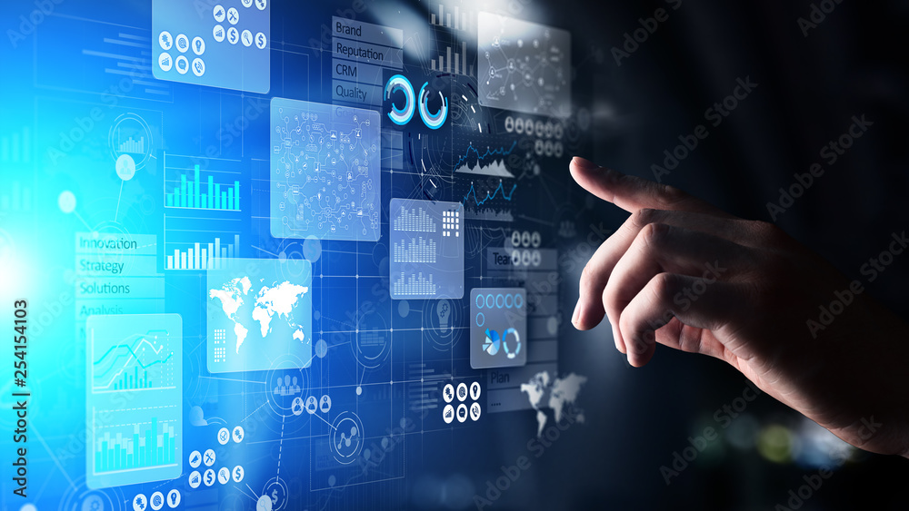 Business intelligence analyst dashboard on virtual screen. Big data ...