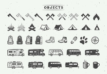 Set Of Vintage Camping Outdoor And Adventure Elements. Can Be Used Logos, Badges, Labels, Emblems, Marks And Design Elements. Graphic Art. Vector Illustration.