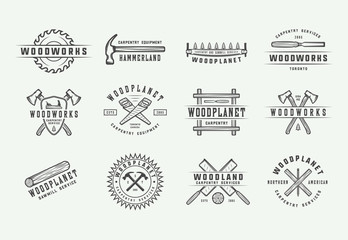 Set of vintage carpentry, woodwork and mechanic labels, badges, emblems and logo. Vector illustration. Monochrome Graphic Art.