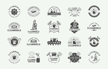 Set Of Retro Cleaning Logo Badges, Emblems And Labels In Vintage Style. Monochrome Graphic Art. Vector Illustration.