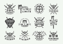 Set Of Vintage Vikings Motivational Logo, Label, Emblem, Badge In Retro Style With Quote. Monochrome Graphic Art. Vector Illustration.