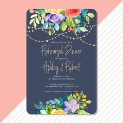 Rehearsal dinner invitation with floral and string light background