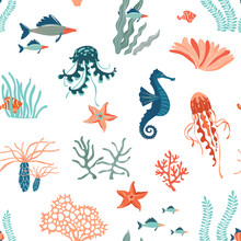 Marine Life Flat Vector Seamless Pattern Background. Underwater Animals Wildlife