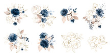Set Watercolor Design Elements Of Roses Collection Garden Navy Blue Flowers, Leaves, Gold Branches, Botanic  Illustration Isolated On White Background.