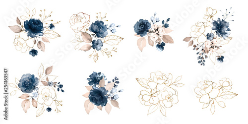 Set watercolor design elements of roses collection garden navy blue flowers, ...