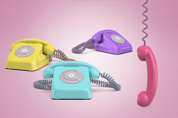 Wall Mural - 3d rendering of three telephones, purple, yellow and turquois, on a pink background with a pink rece