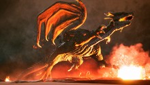 A Big Angry Dragon In The Desert Is Fighting Off Its Enemies. 3D Rendering