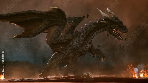 Fotografia  A big angry dragon in the desert is fighting off its enemies