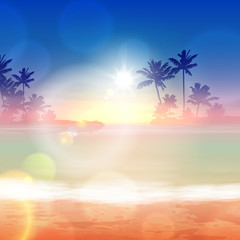 Wall Mural - Background with sea and palm trees. Sunset time.